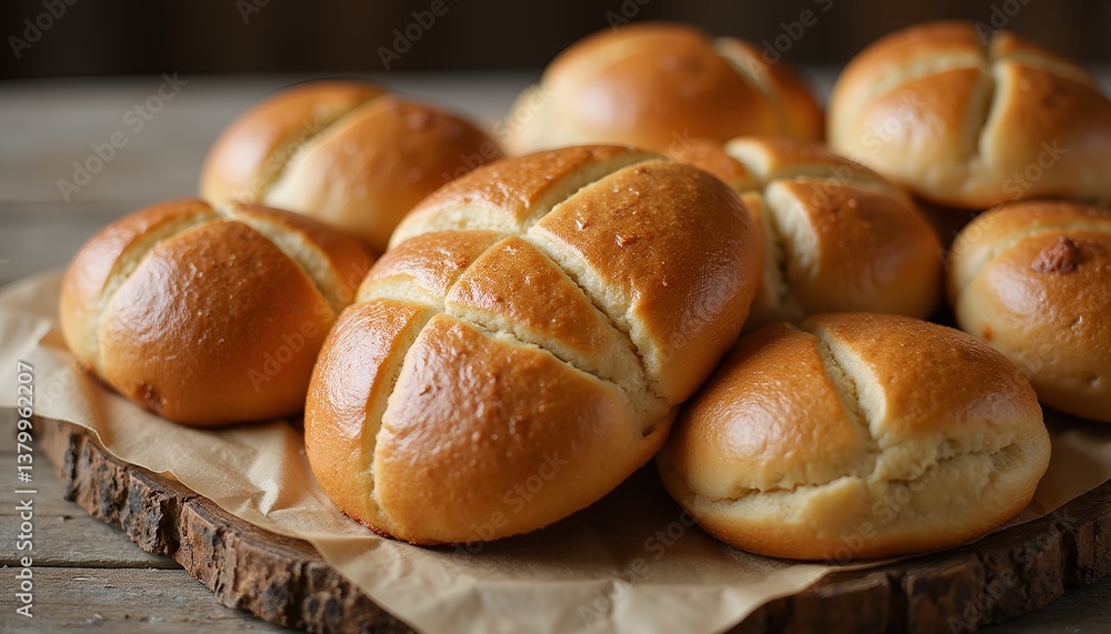 Freshly Baked Rustic Rolls with Golden Crust against Dark Wood. Freshly Baked Rustic Rolls with Golden Crust against Dark Wood.