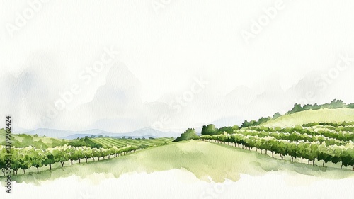 Vibrant landscape painting featuring green vineyards with watercolor pigments.