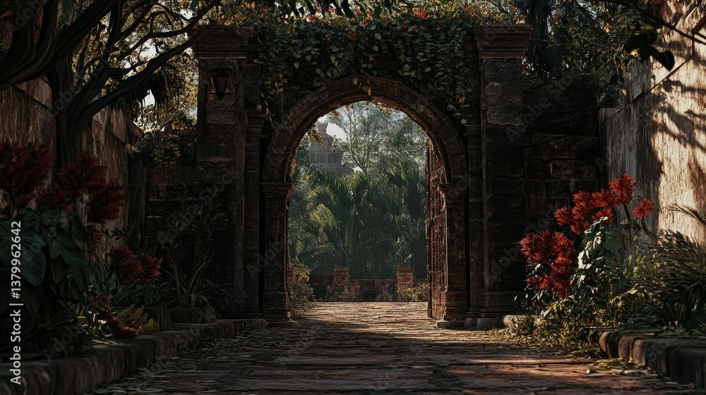 Fototapeta premium An ornate stone archway opens into a lush verdant garden