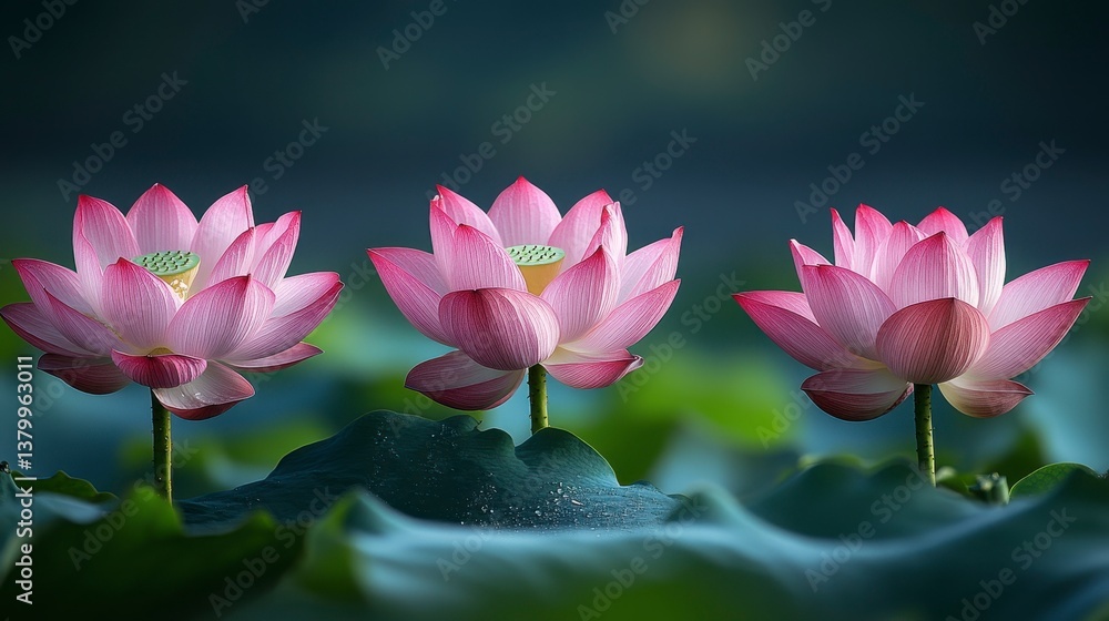 Fototapeta premium Trio of pink lotus blossoms with green seed pods, atop large green leaves