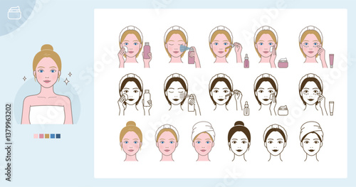Cosmetic skin care routine_applying toner, lotion, cream, mist, oil_Westerner woman(girl)