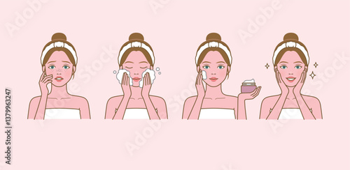 Cosmetic skin care routine_washing face, applying lotion_Westerner woman(girl)