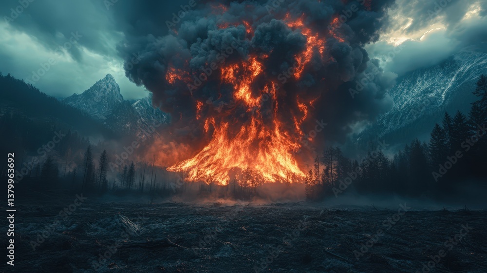 Fototapeta premium Fiery Forest Inferno Dramatic Wildfire Engulfs Mountain Landscape