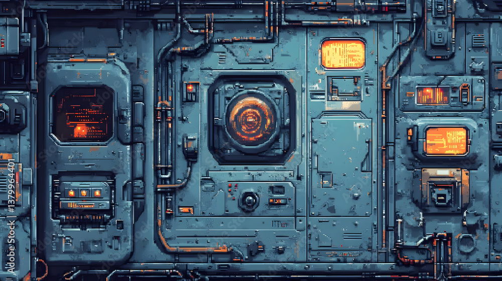 Fototapeta premium Close Up of Futuristic Metallic Wall with Detailed Panels in Industrial Gray Tones and Orange Accents Featuring Sci-Fi Architecture