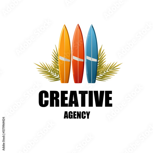 vector illustration of a surf school with text creative agency logo icon design