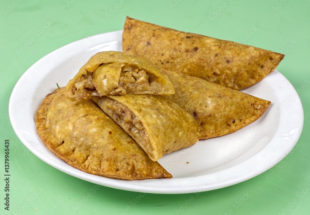 Quartet of spinach-and-feta empanadas neatly stacked on a white oval platter, showcasing their golden-brown, lightly seasoned shells — Cuarteto de empanadas de espinaca y feta apiladas en fuente blanc Quartet of spinach-and-feta empanadas neatly stacked on a white oval platter, showcasing their golden-brown, lightly seasoned shells — Cuarteto de empanadas de espinaca y feta apiladas en fuente blanc