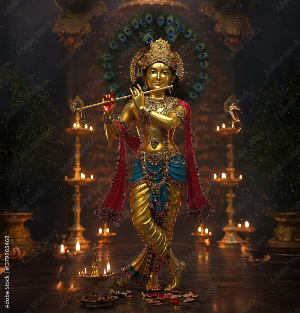 Fototapeta premium Sacred Lord Krishna’s Golden Form Blessing Devotees on Janmashtami