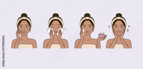 Cosmetic skin care routine_washing face, applying lotion_Middle Eastern woman(girl)