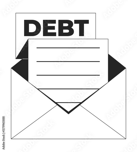 Debt letter in envelope 2D line object. Overdue payments. Financial obligation. Economic hardship. Unpaid bill. Creditor invoice isolated clipart vector ink outline item. Monochrome spot illustration