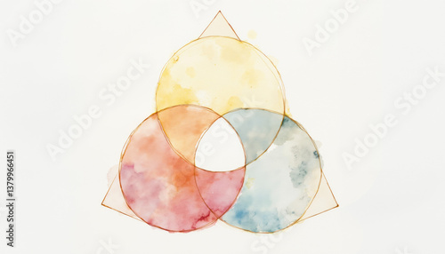 Three overlapping watercolor circles radiating divine light, symbolizing the Holy Trinity—Father, Son, and Holy Spirit united in light.