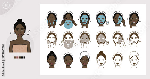 Cosmetic skin care routine_using face sheet mask_African black woman(girl)
