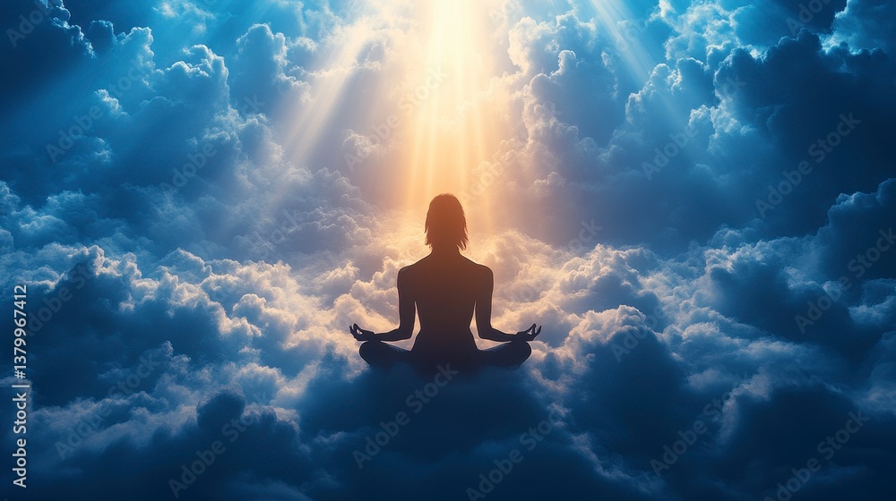 Obraz premium Meditating figure surrounded by soft clouds and bright, heavenly light