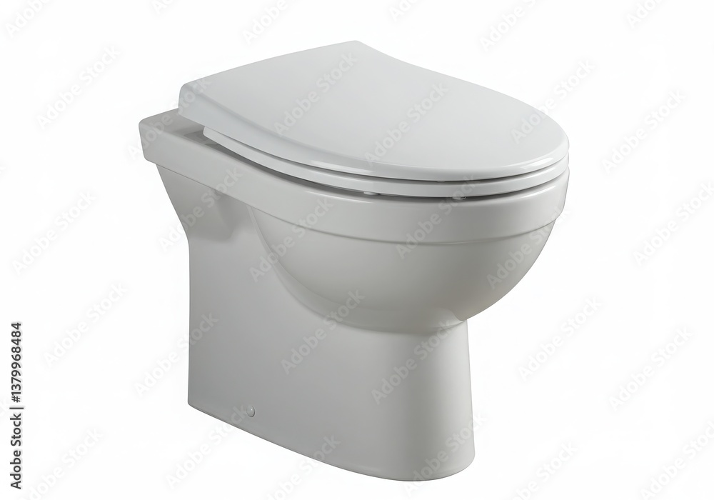 A close up studio shot of a modern white ceramic toilet with a closed lid on a white background