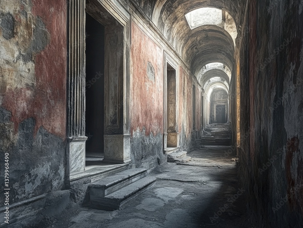 Fototapeta premium A long, narrow hallway with a red wall and white pillars. The hallway is empty and the light is shining through the windows