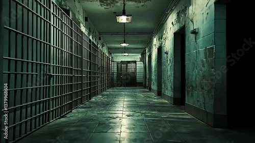 Dark, eerie prison corridor with peeling walls and flickering lights