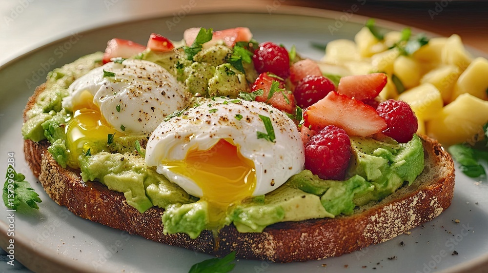 Cozy brunch scene with avocado toast, poached eggs, and mixed fruit on a marble countertop. Cozy brunch scene with avocado toast, poached eggs, and mixed fruit on a marble countertop.