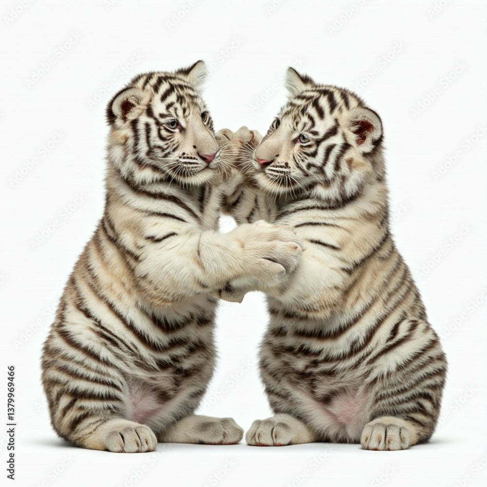 Fototapeta premium two white tiger cubs playfully interact in a white studio setting