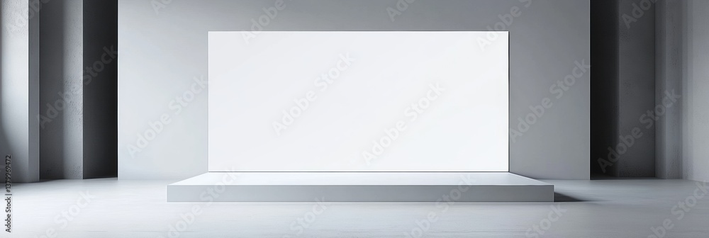 Clean presentation screen in a minimalist business layout on an empty white stage with a modern atmosphere