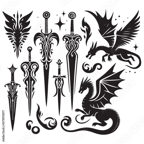 Fantasy sword tattoo set vector, vector linocut magic blade, dragon wings, fairy tale silhouette collection. Mystic legend snake print, spiritual medieval logotype, witchcraft sign.