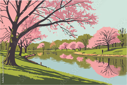 61 Tranquil lake reflection, vibrant cherry blossom trees, spring landscape, lush green grass, serene park setting, clear blue sky, photorealistic, high detail, soft lighting, mirror-like water surfac