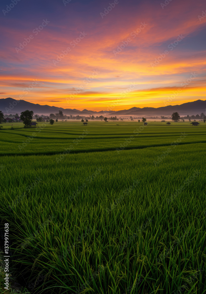Fototapeta premium Spectacular sunrise illuminates a vast green rice field with a breathtaking sky.