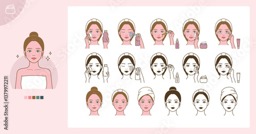 Cosmetic skin care routine_applying toner, lotion, cream, mist, oil_Westerner woman(girl)