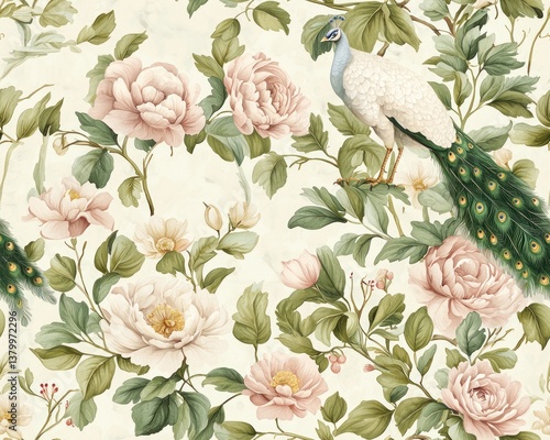 Elegant Peacock and Blooming Peonies Seamless Pattern Design for Fabric Wallpaper and Textile Prints
