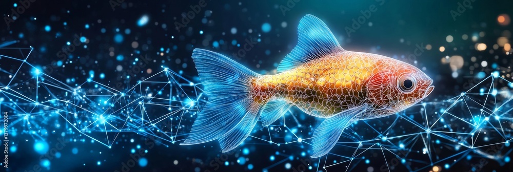 Digital Fish in Abstract Space Futuristic Illustration of a Holographic Goldfish Swimming Digital Fish in Abstract Space Futuristic Illustration of a Holographic Goldfish Swimming