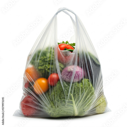 fresh produce in plastic bag on white background