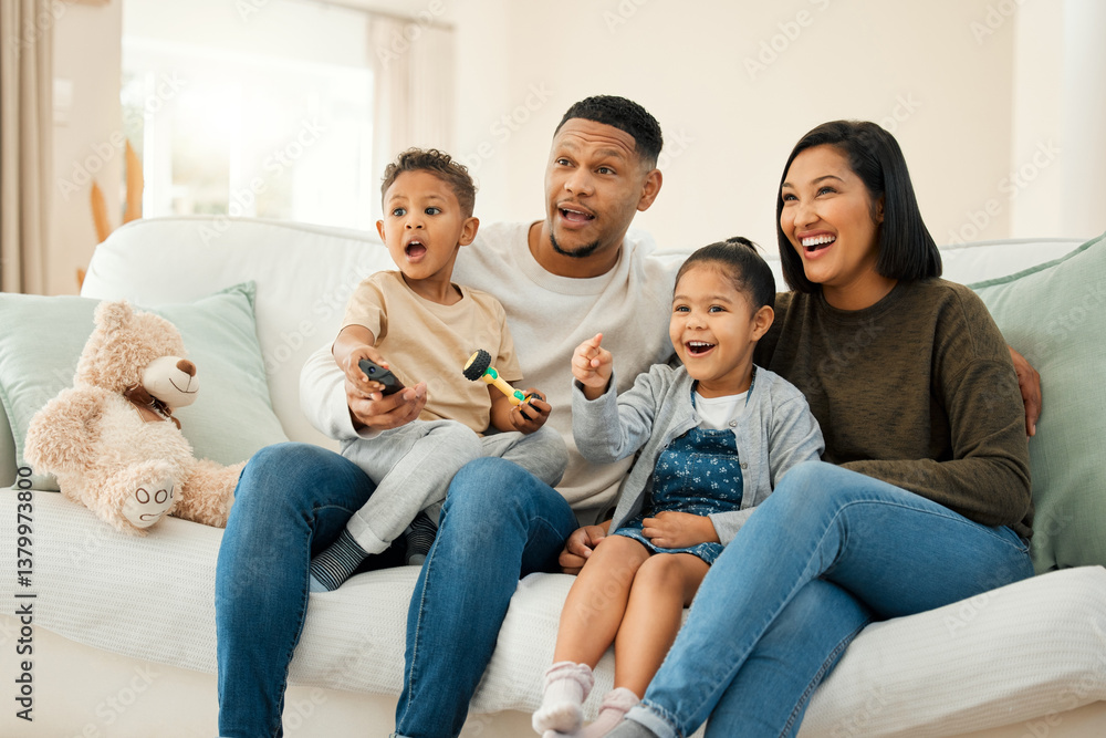 Surprise, family and watching tv at house with streaming movie for love, care and bonding support in living room. Excited, parents and children and film show for wow, entertainment and subscription Surprise, family and watching tv at house with streaming movie for love, care and bonding support in living room. Excited, parents and children and film show for wow, entertainment and subscription