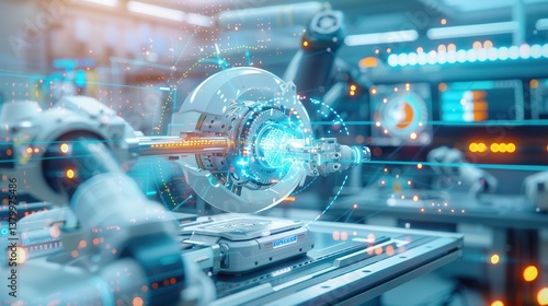 Automated robotic arms operating high-speed gigapixel resolution advanced manufacturing facility technology industrial macro view innovation