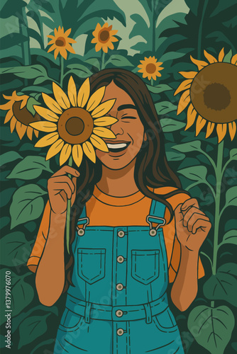 Woman Laughing with Sunflower in a Field for Happiness Concept