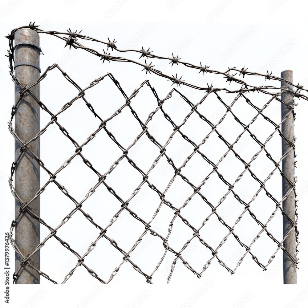detailed barbed wire fence, white background detailed barbed wire fence, white background