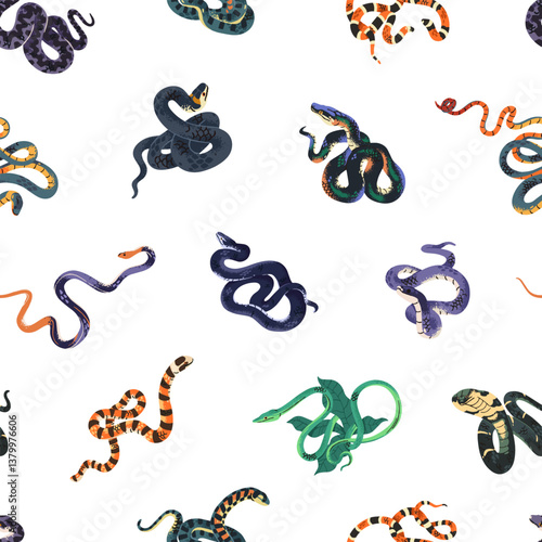 Repeatable pattern of different snakes. Endless background of poisonous vipers, venomous cobras, tropical pythons, exotic boas. Wild serpents, jungle reptiles. Flat seamless vector illustration