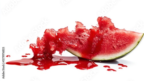 Watermelon Slice with Dripping Juice on White Background, Close-up View