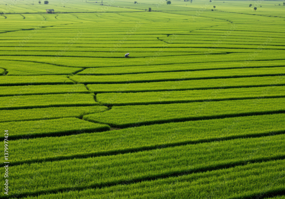 A vast, vibrant green rice field stretches across the landscape under the sun. A vast, vibrant green rice field stretches across the landscape under the sun.