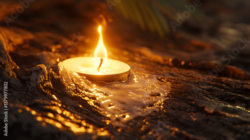 Close-up macro of a small lit tealight candle melting wax onto dark, highly textured, weathered wood surface, warm intimate glow
