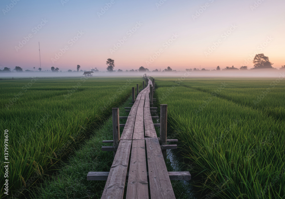 Fototapeta premium A wooden bridge stretches over a tranquil rice field enveloped in morning mist, offering a serene view.