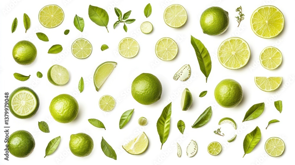 Fresh Limes and Leaves Flat Lay Arrangement on White Background Fresh Limes and Leaves Flat Lay Arrangement on White Background