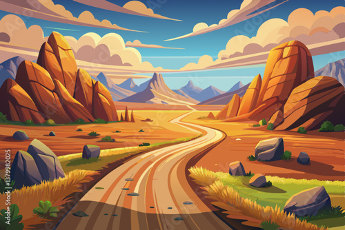 peaceful dirt road winding through rocky countryside fields landscape