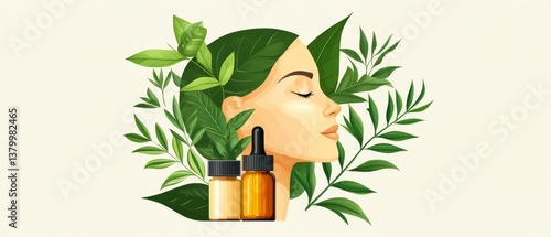 Skincare routine demonstration with essential oils home digital illustration minimalist close-up natural beauty