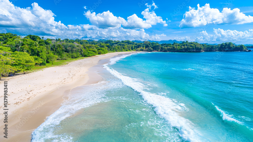 Fototapeta premium serene beach scene with clear blue water, soft sand, and lush greenery bright sky. waves gently lap shore, creating peaceful