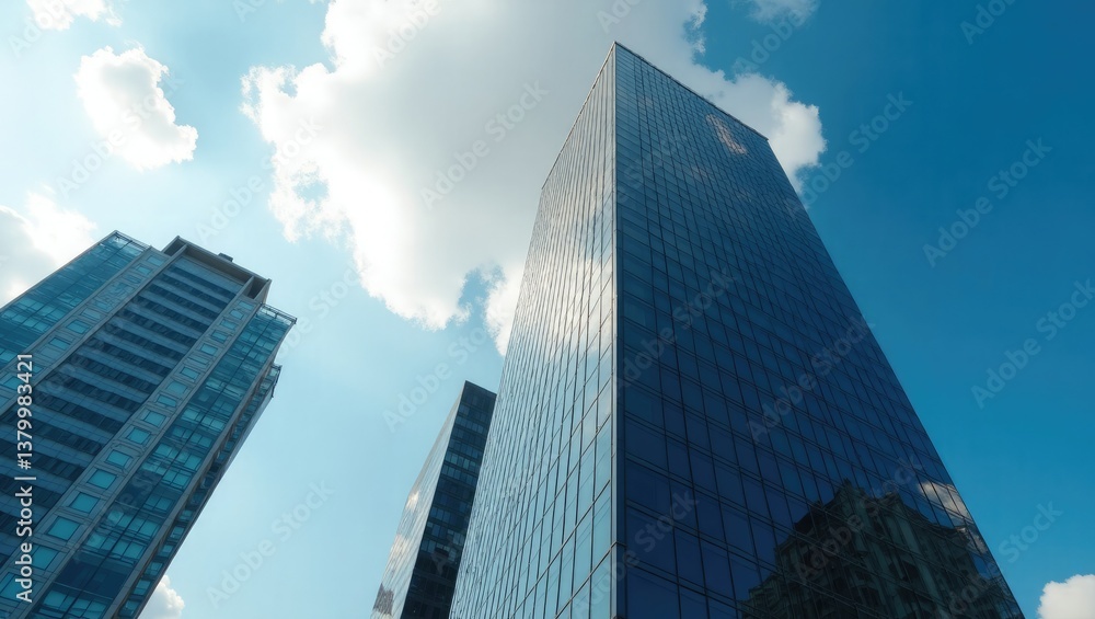 Modern Glass Skyscrapers Reflecting Blue Sky and Clouds in Urban Cityscape Modern Glass Skyscrapers Reflecting Blue Sky and Clouds in Urban Cityscape