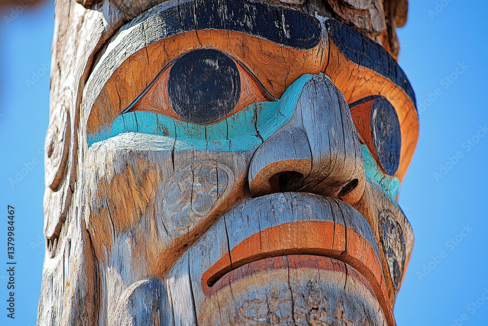A totem pole in Ketchikan, Alaska, detailed and cultural, historical theme A totem pole in Ketchikan, Alaska, detailed and cultural, historical theme