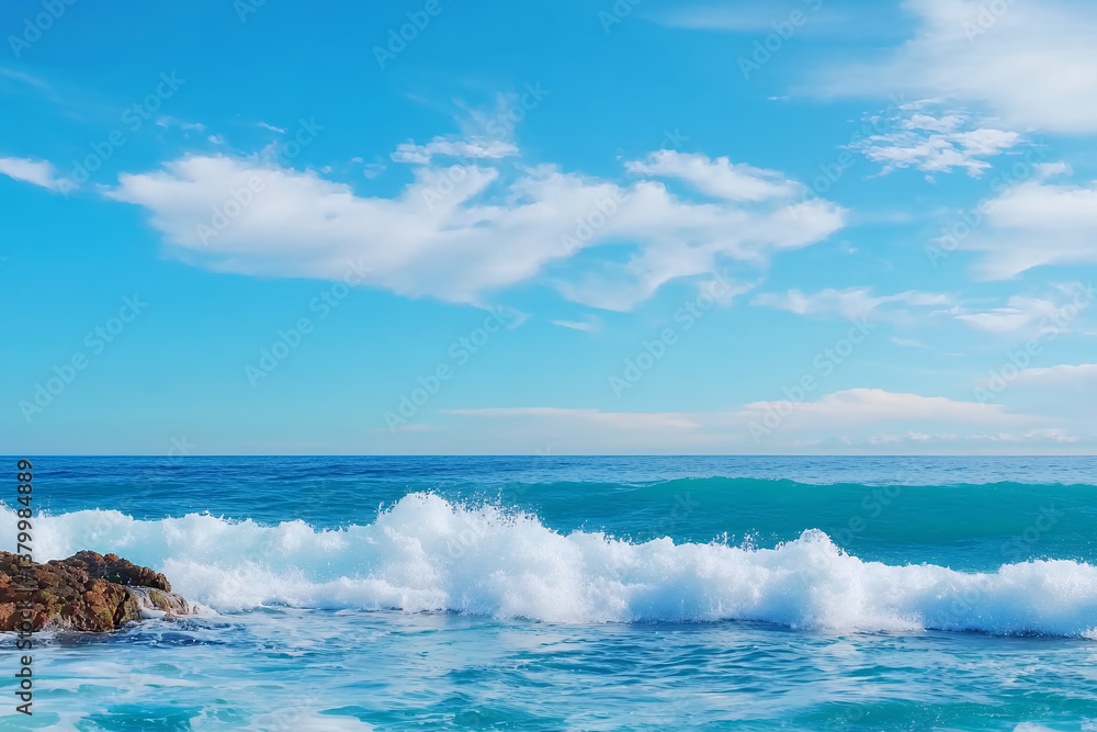 Obraz premium serene ocean view with gentle waves crashing against rocky shores under bright blue sky