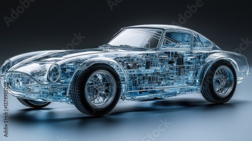 Transparent car model showing the complex inner mechanisms inside