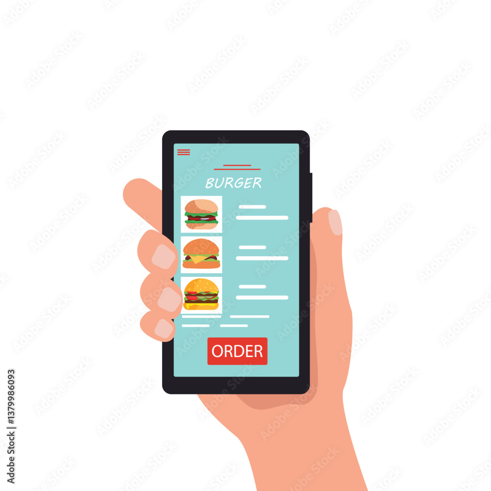 Customer's hand holding smartphone and ordering burger online from restaurant. people buying burger online. online burger delivery. vector illustration. Customer's hand holding smartphone and ordering burger online from restaurant. people buying burger online. online burger delivery. vector illustration.