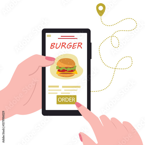 Customer's hand holding smartphone and ordering  burger online from restaurant. people buying  burger online. online  burger delivery. vector illustration.