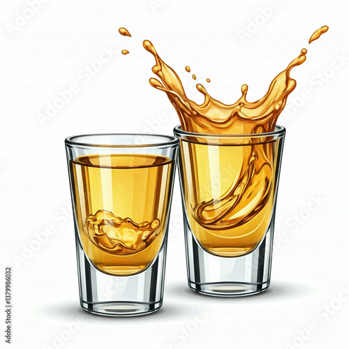 golden liquid splashing into glass shot glass on white background