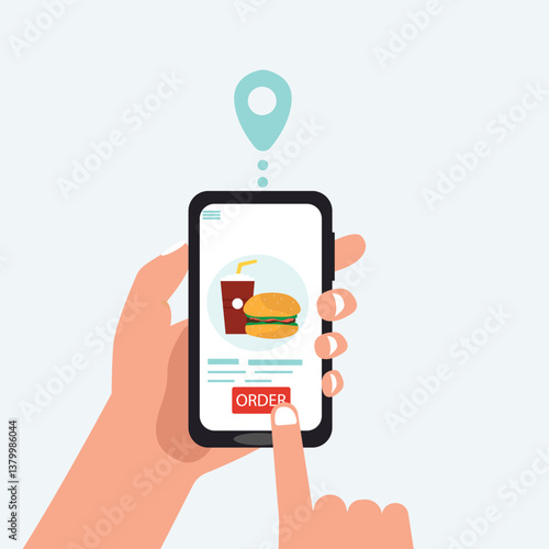 Customer's hand holding smartphone and ordering  burger online from restaurant. people buying  burger online. online  burger delivery. vector illustration.